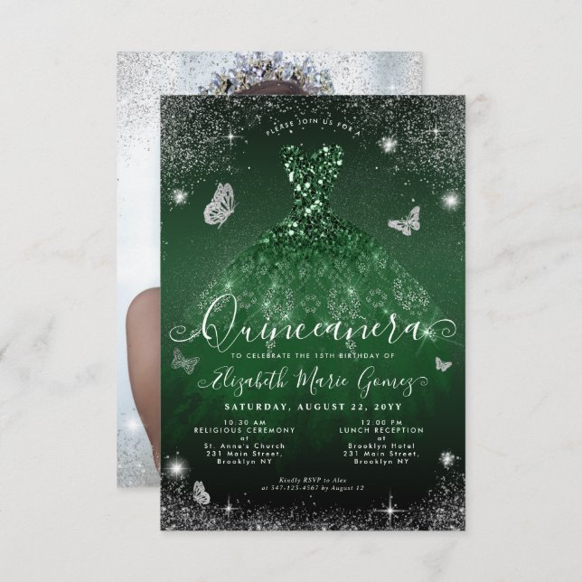 Budget Emerald Green Silver Glam Photo Quinceanera Card (Front/Back)