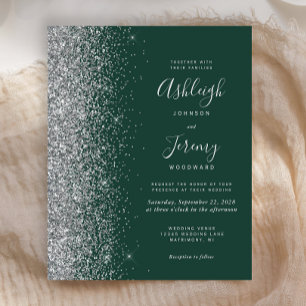 Budget Emerald Green Silver Glitter Wedding Invite