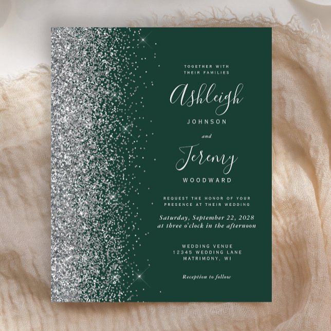 Budget Emerald Green Silver Glitter Wedding Invite (Creator Uploaded)