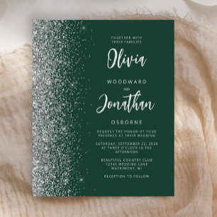 Budget Emerald Green Silver Script Wedding Invite