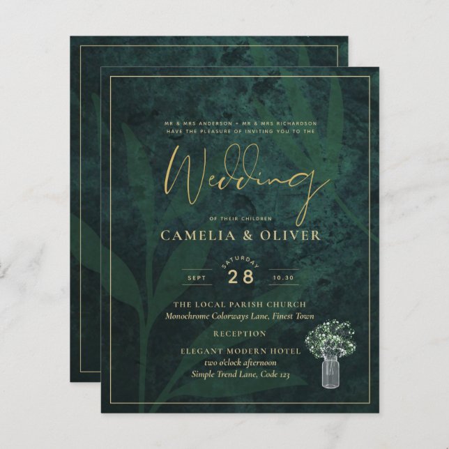 BUDGET EmeraldGreen Gold Gypsophila Wedding INVITE (Front/Back)