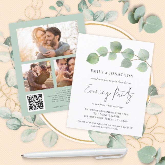 BUDGET Eucalyptus 3 photo QR Evening Party Invite (Creator Uploaded)