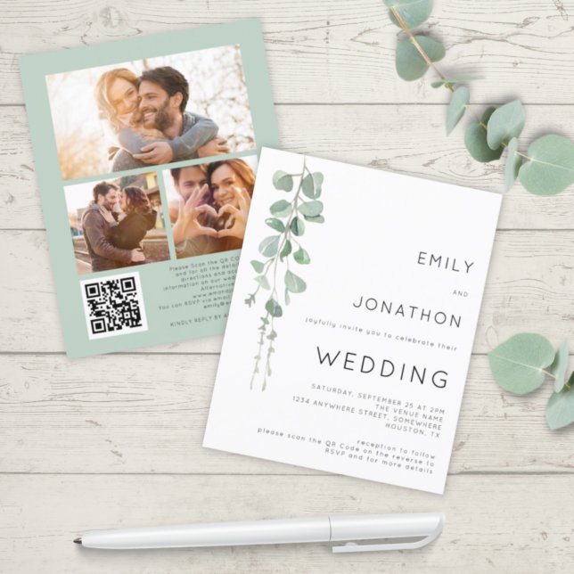 Budget Eucalyptus 3 Photos QR Code Wedding Invite (Creator Uploaded)