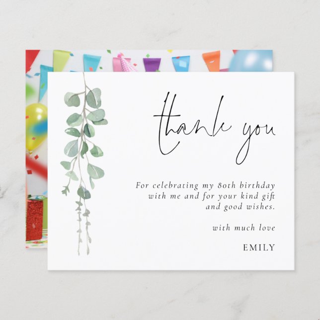 Budget Eucalyptus 80th birthday Photo Thank You (Front/Back)