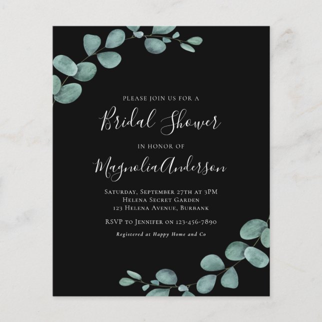 Budget Eucalyptus Black Bridal Shower Invitation (Front)