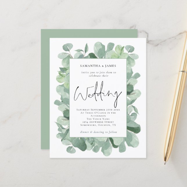 Budget Eucalyptus Border Wedding Invitation (Front/Back In Situ)