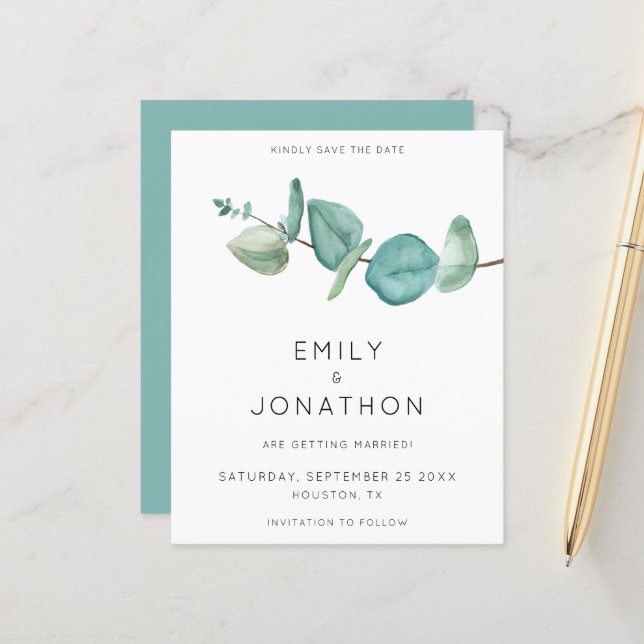 Budget Eucalyptus Branch Blue Save The Date (Front/Back In Situ)