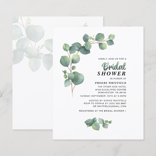 Budget Eucalyptus Bridal Shower Green Invitation (Front/Back)