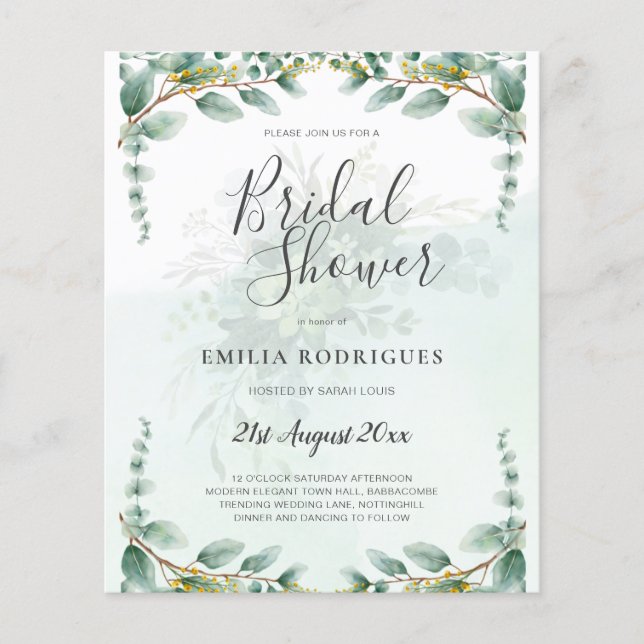 BUDGET Eucalyptus BRIDAL SHOWER Greenery Gold QR C Flyer (Front)