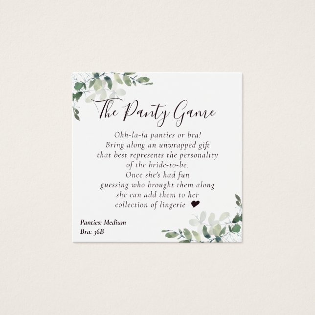 BUDGET Eucalyptus Bridal Shower Panty Game Card (Front)