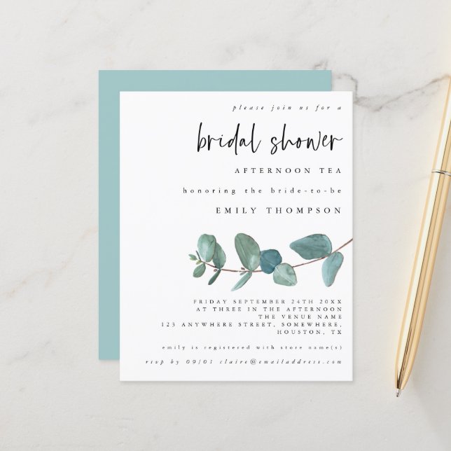 Budget Eucalyptus Bridal Shower Tea Invitation (Front/Back In Situ)