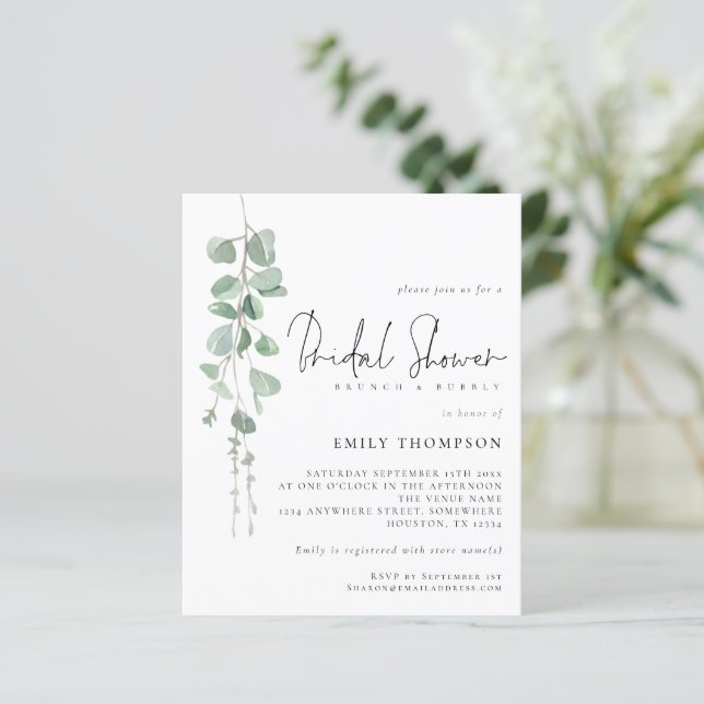 Budget Eucalyptus Brunch Bridal Shower Invite (Standing Front)