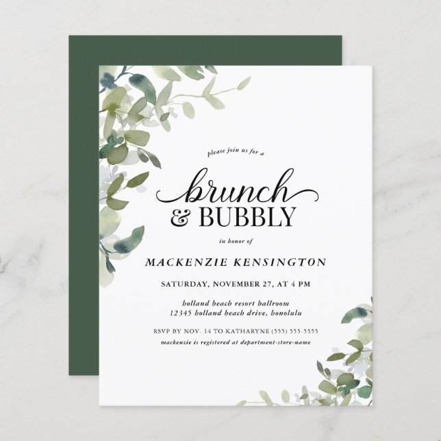 Budget Eucalyptus Brunch Bubbly Invitation (Front/Back)