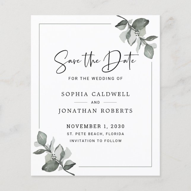 Budget Eucalyptus Calligraphy Simple Save the Date (Front)