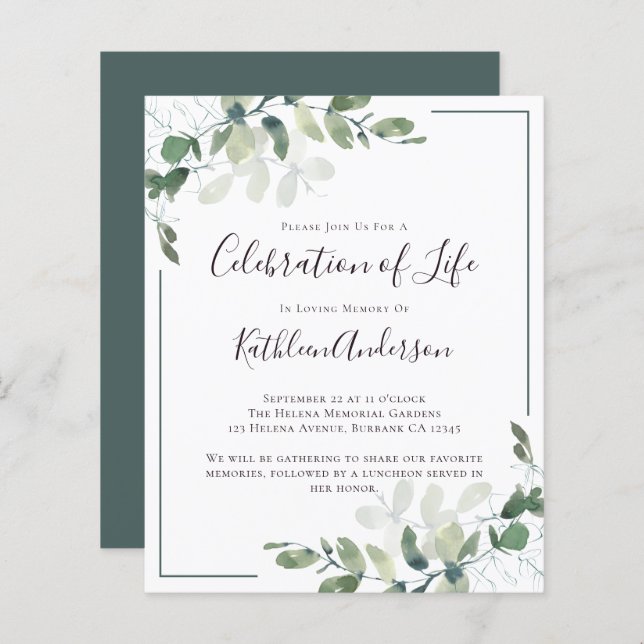 Budget Eucalyptus Celebration of Life Invitation (Front/Back)