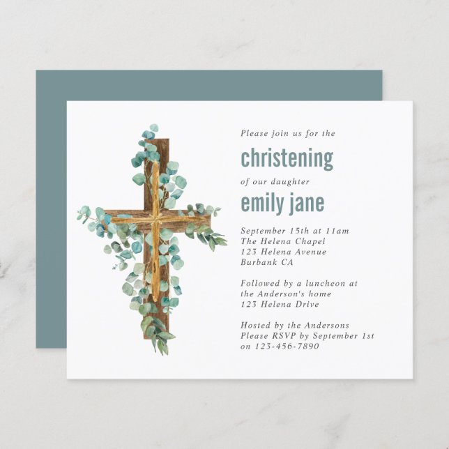 Budget Eucalyptus Cross Christening Invitation (Front/Back)