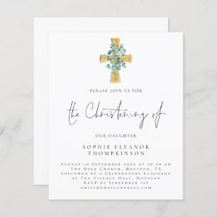 Budget Eucalyptus Cross Script Christening Invite