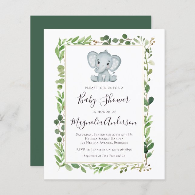BUDGET Eucalyptus Elephant Baby Shower Invitation (Front/Back)