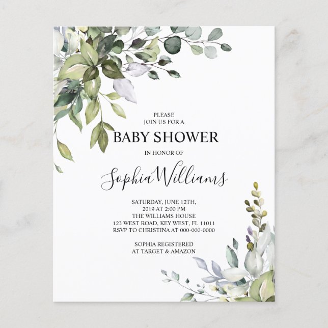 Budget Eucalyptus Floral Baby Shower Invitation (Front)
