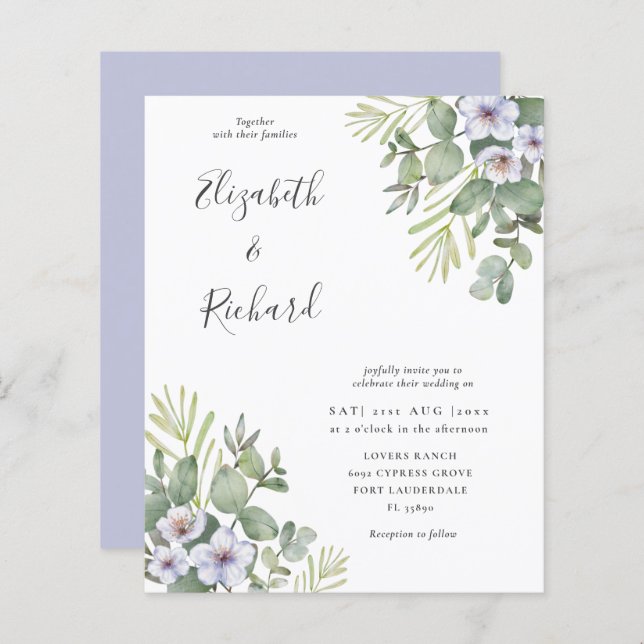 Budget Eucalyptus & Floral Wedding Invitation (Front/Back)