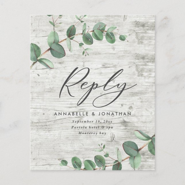 budget eucalyptus foliage white wood wedding RSVP  (Front)