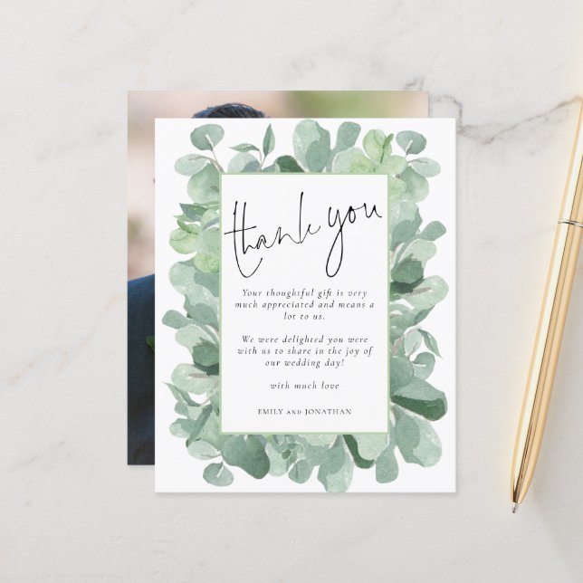 Budget Eucalyptus Frame Photo Wedding Thank You (Front/Back In Situ)