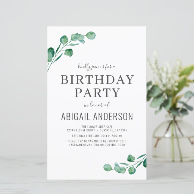 Budget Eucalyptus Girly Birthday Party Invitation (Standing Front)