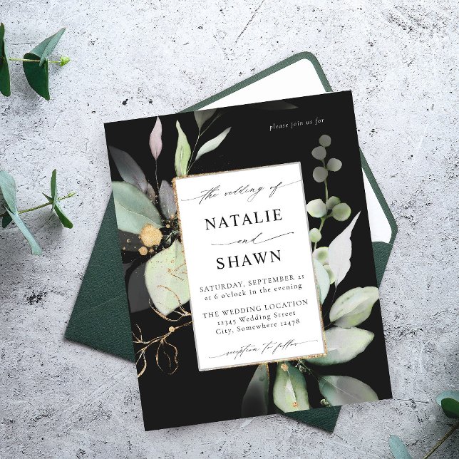 Budget Eucalyptus Glow Gold Greenery Wedding Black Flyer (Creator Uploaded)