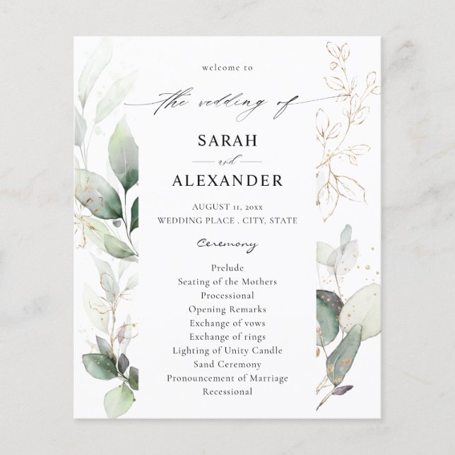 Budget Eucalyptus Glow Gold Wedding Ceremony Flyer (Front)