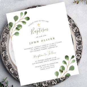 Budget eucalyptus gold cross Baptism Invitation
