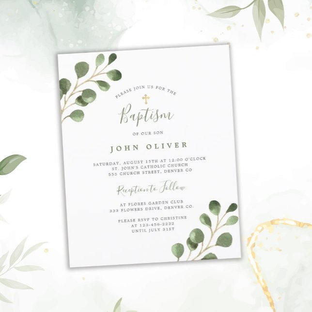 Budget eucalyptus gold cross Baptism Invitation (Creator Uploaded)