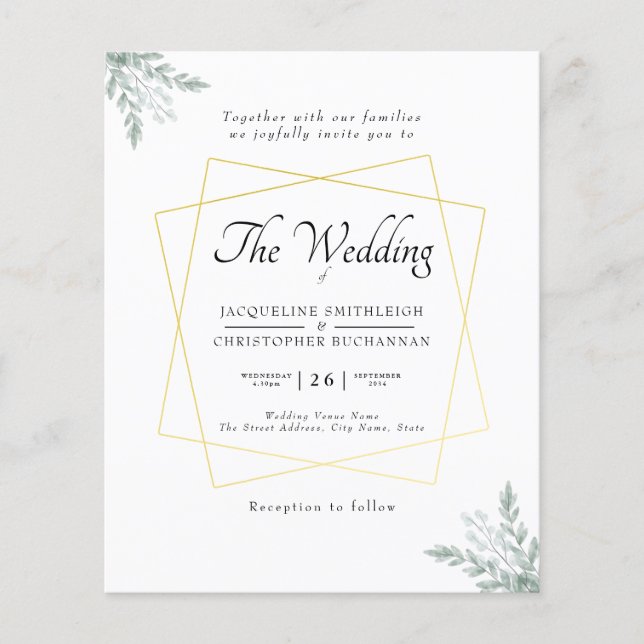 Budget Eucalyptus Gold Frame Wedding Invitation Flyer (Front)