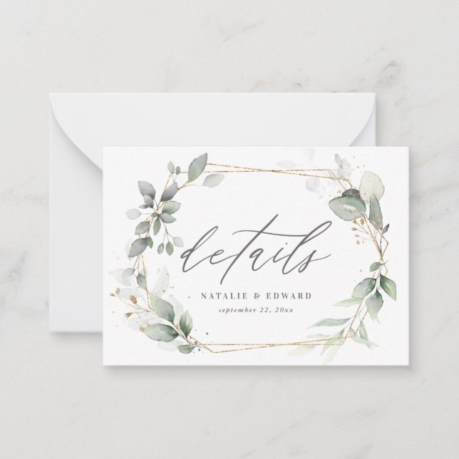 budget eucalyptus gold geometric wedding details  card (Front)
