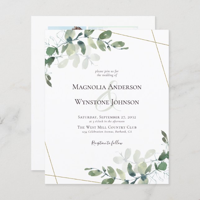 Budget Eucalyptus Gold Photo Wedding Invitation (Front/Back)