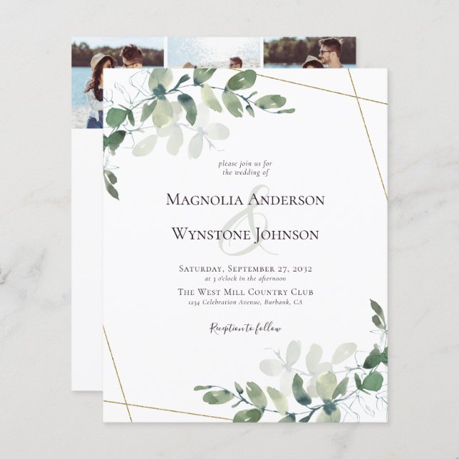 Budget Eucalyptus Gold Photo Wedding Invitation (Front/Back)