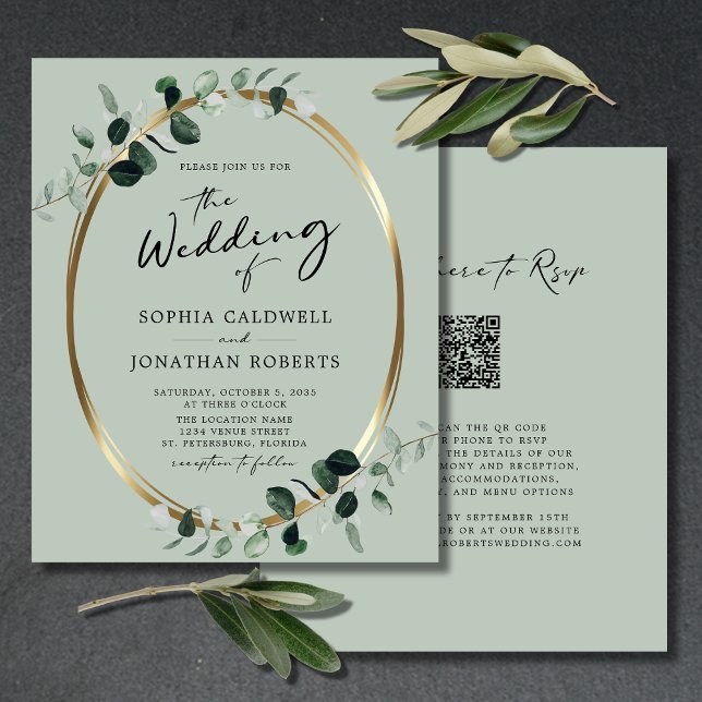 Budget Eucalyptus Gold QR Code Sage Wedding Invite (Budget Wedding Invitation QR Code RSVP Eucalyptus Gold Modern Calligraphy)