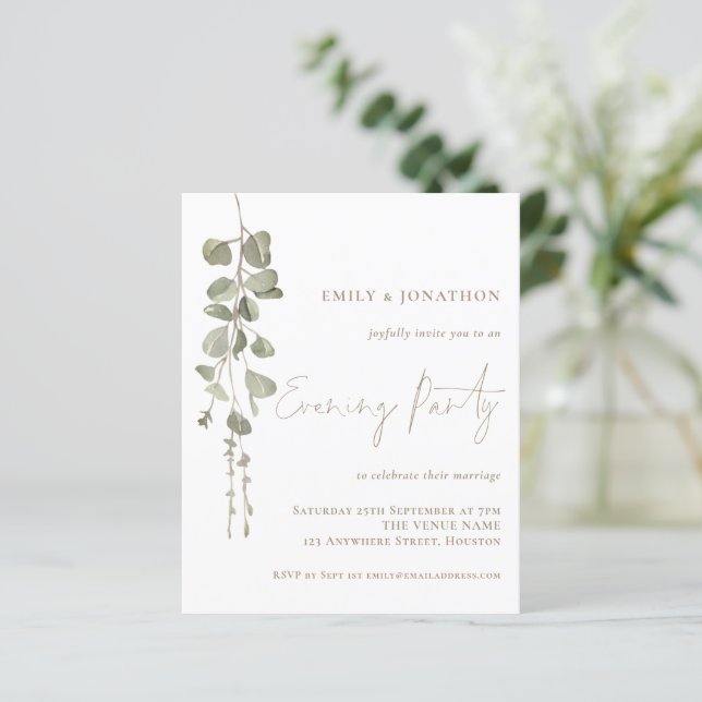 Budget Eucalyptus Gold Wedding Evening Invitation (Standing Front)