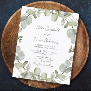 Budget Eucalyptus Green Gold Wedding Invitation