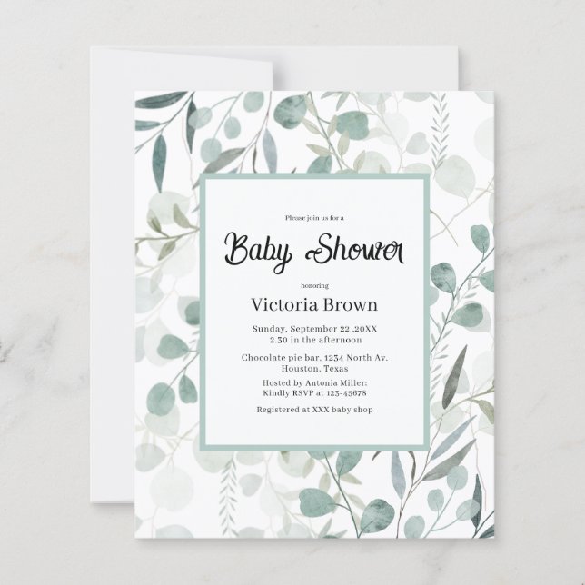 Budget Eucalyptus Greenery Baby Shower Invitation (Front)