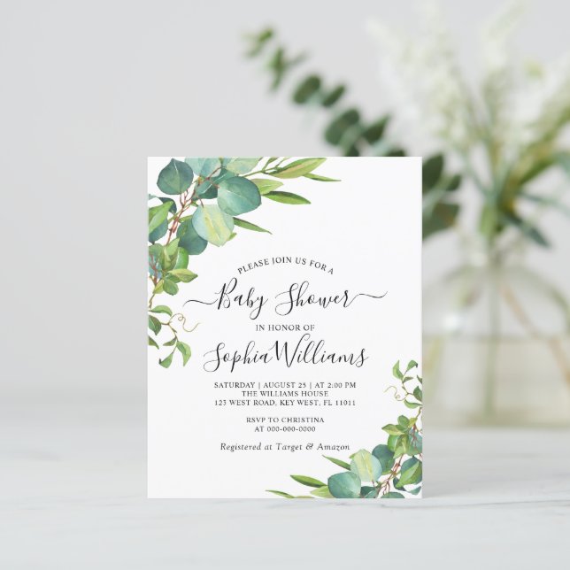 Budget Eucalyptus Greenery Baby Shower Invitation (Standing Front)