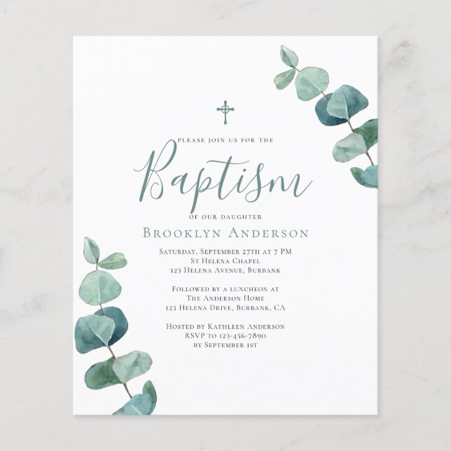 Budget Eucalyptus Greenery Baptism Invitation (Front)