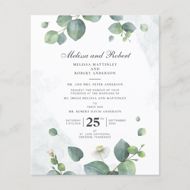 Budget Eucalyptus Greenery Botanical Wedding (Front)