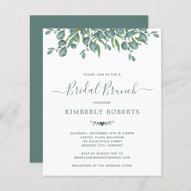 Budget Eucalyptus Greenery Bridal Brunch Invite (Front/Back)