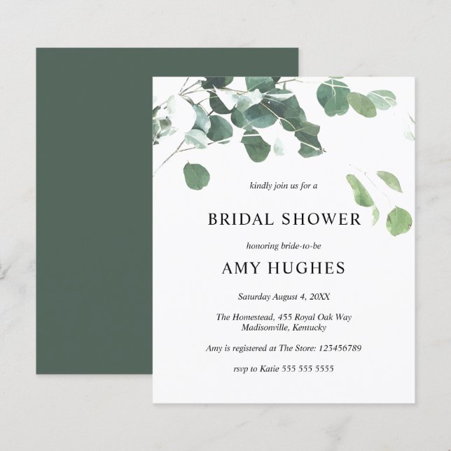 Budget Eucalyptus Greenery Bridal Shower Invite (Front/Back)
