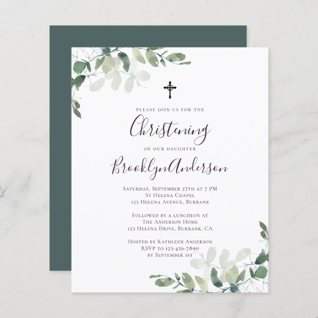 Budget Eucalyptus Greenery Christening Invitation (Front/Back)
