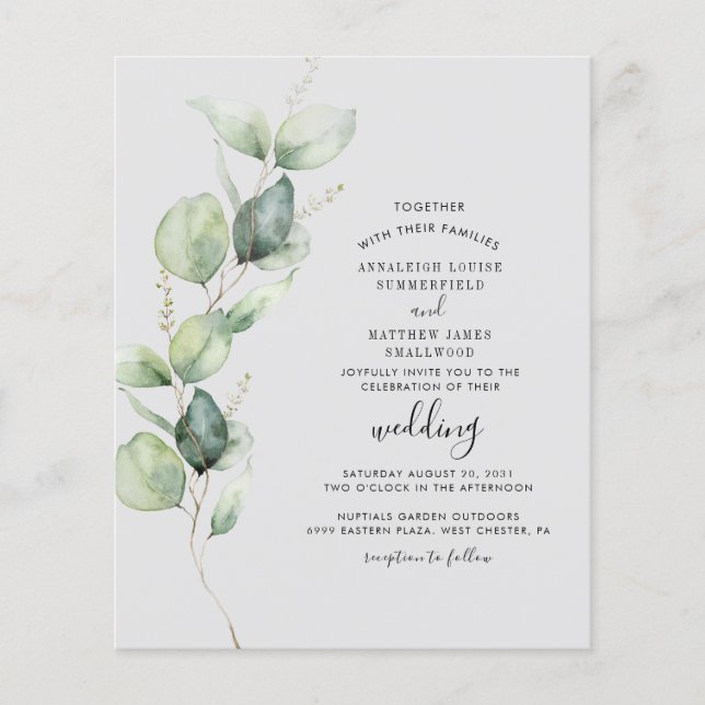 Budget Eucalyptus Greenery Elegant Wedding Invite (Front)