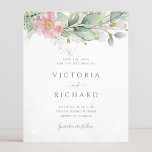 Budget Eucalyptus Greenery Gold Save The Date<br><div class="desc">Beautiful affordable Save the date card featuring blush pink floral watercolor eucalyptus and gold leaves with modern script.</div>