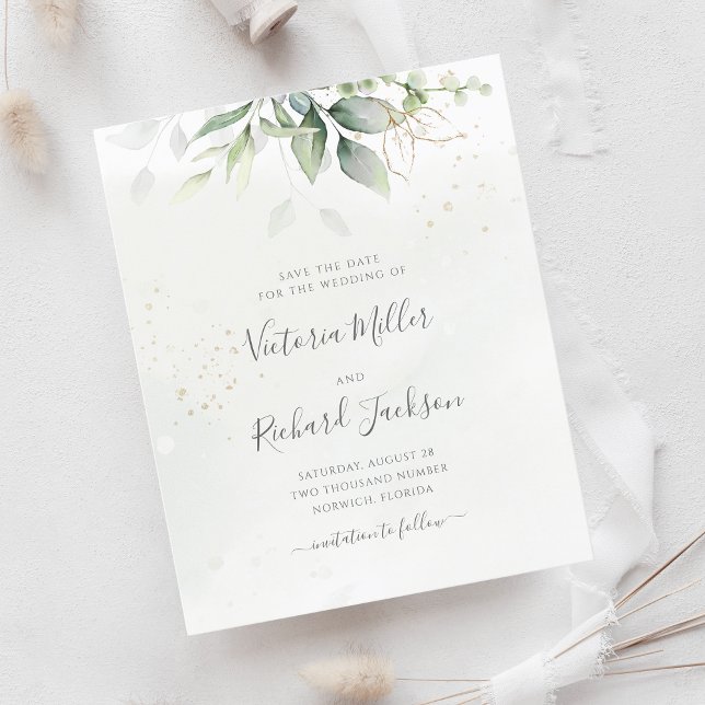 Budget Eucalyptus Greenery Gold Save The Date (Creator Uploaded)