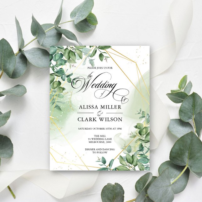 BUDGET Eucalyptus Greenery Gold Wedding Invitation (Creator Uploaded)