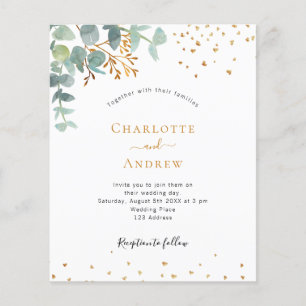 Budget eucalyptus greenery gold wedding invitation